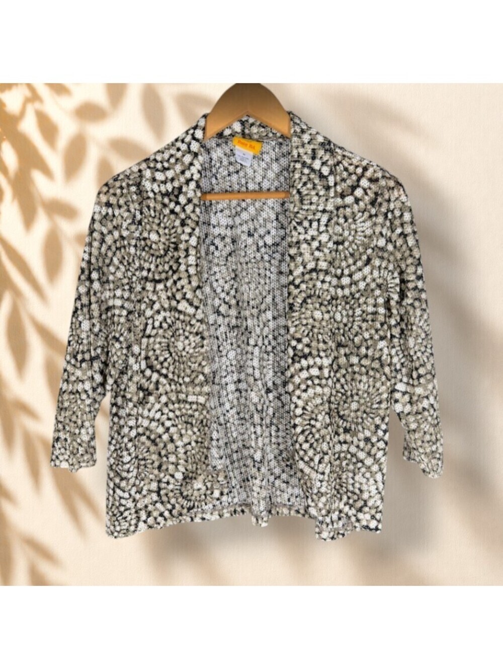 Ruby Rd. Top Women M Medium White Geometric 3/4 Sleeve Open Front Casual Stretch